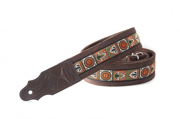 MERIDA model, guitar and bass strap made of 5 cm wide, non-slip technical microfiber on the inside, 2 mm thick low density latex padding, decorated with vintage style embroidered jacquard.